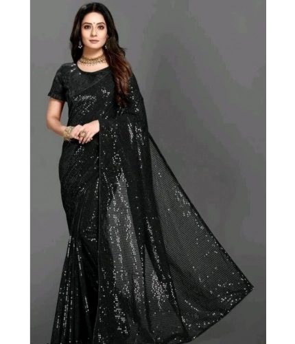 Women's Georgette Embellished Sequnece Bollywood Saree With Unstitched Blouse 5.5Mtr (Black)