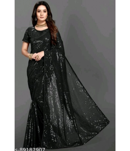 Women's Georgette Embellished Sequnece Bollywood Saree With Unstitched Blouse 5.5Mtr (Black)