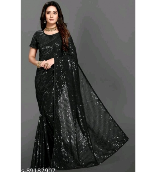 Women's Georgette Embellished Sequnece Bollywood Saree With Unstitched Blouse 5.5Mtr (Black)