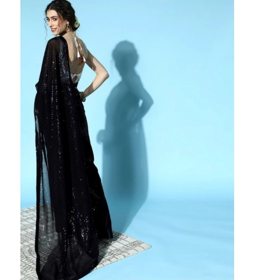 Women's Georgette Embellished Sequnece Bollywood Saree With Unstitched Blouse 5.5Mtr (Black)