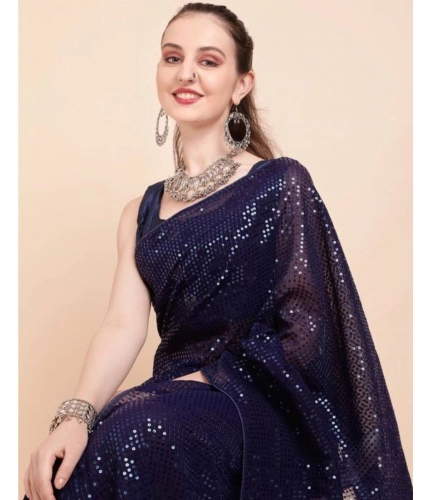 Women's Georgette Embellished Sequnece Bollywood Saree With Unstitched Blouse 5.5Mtr (Blue)