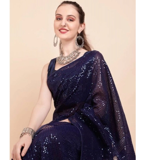 Women's Georgette Embellished Sequnece Bollywood Saree With Unstitched Blouse 5.5Mtr (Blue)