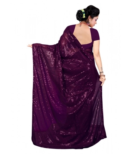 Women's Georgette Embellished Sequnece Bollywood Saree With Unstitched Blouse 5.5Mtr (Purple)