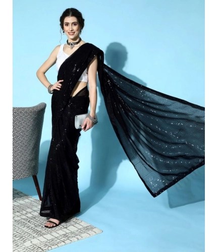 Women's Georgette Embellished Sequnece Bollywood Saree With Unstitched Blouse 5.5Mtr (Black)