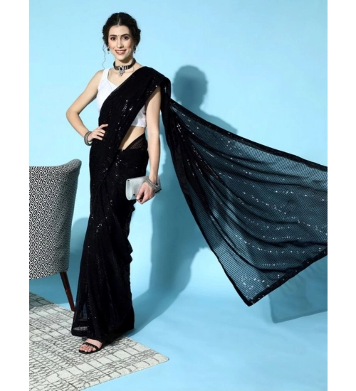 Women's Georgette Embellished Sequnece Bollywood Saree With Unstitched Blouse 5.5Mtr (Black)
