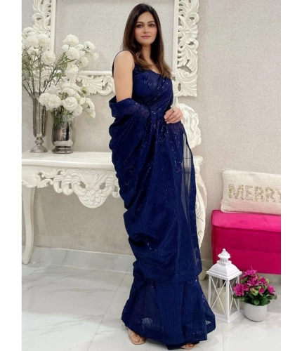 Women's Georgette Embellished Sequnece Bollywood Saree With Unstitched Blouse 5.5Mtr (Blue)