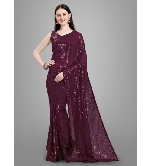 Women's Georgette Embellished Sequnece Bollywood Saree With Unstitched Blouse 5.5Mtr (Purple)