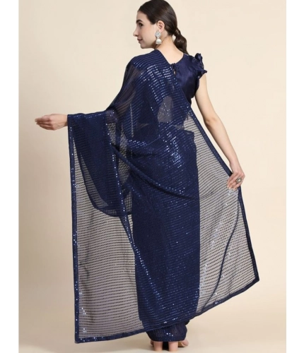 Women's Georgette Embellished Sequnece Bollywood Saree With Unstitched Blouse 5.5Mtr (Blue)