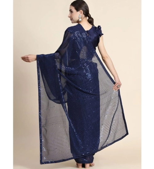 Women's Georgette Embellished Sequnece Bollywood Saree With Unstitched Blouse 5.5Mtr (Blue)