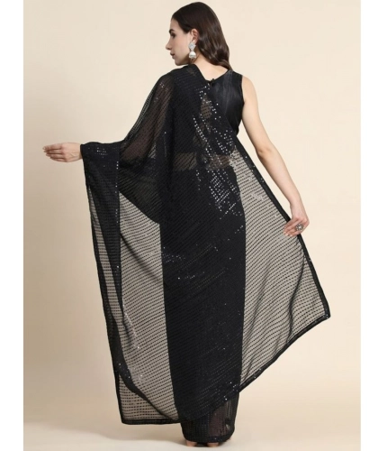 Women's Georgette Embellished Sequnece Bollywood Saree With Unstitched Blouse 5.5Mtr (Black)