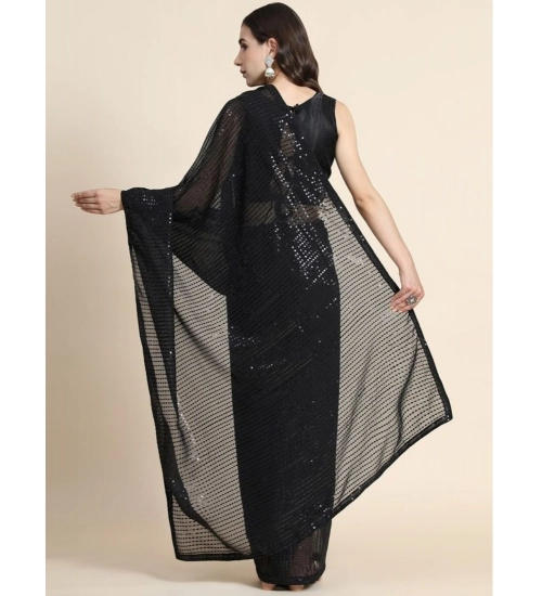 Women's Georgette Embellished Sequnece Bollywood Saree With Unstitched Blouse 5.5Mtr (Black)