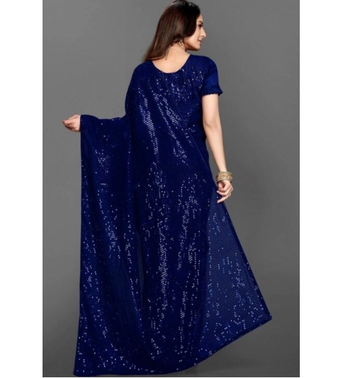 Women's Georgette Embellished Sequnece Bollywood Saree With Unstitched Blouse 5.5Mtr (Blue)