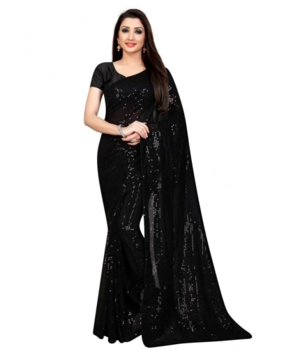 Women's Georgette Embellished Sequnece Bollywood Saree With Unstitched Blouse 5.5Mtr (Black)