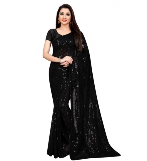 Women's Georgette Embellished Sequnece Bollywood Saree With Unstitched Blouse 5.5Mtr (Black)