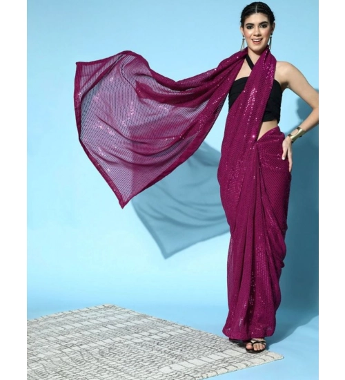Women's Georgette Embellished Sequnece Bollywood Saree With Unstitched Blouse 5.5Mtr (Wine)