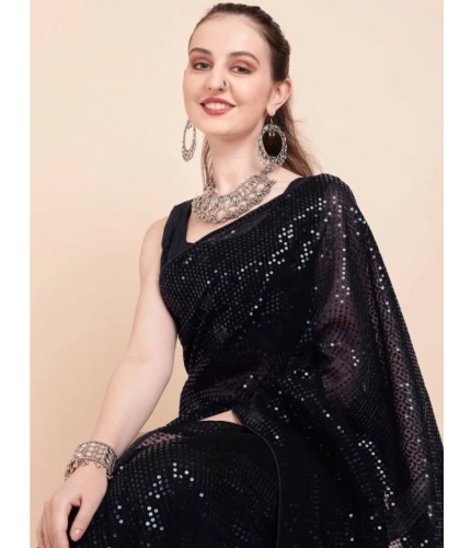 Women's Georgette Embellished Sequnece Bollywood Saree With Unstitched Blouse 5.5Mtr (Black)
