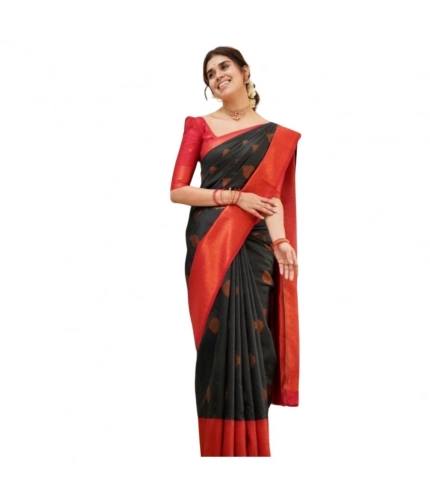 Women's Silk Printed Saree With Unstitched Blouse 5.5Mtr (Black)