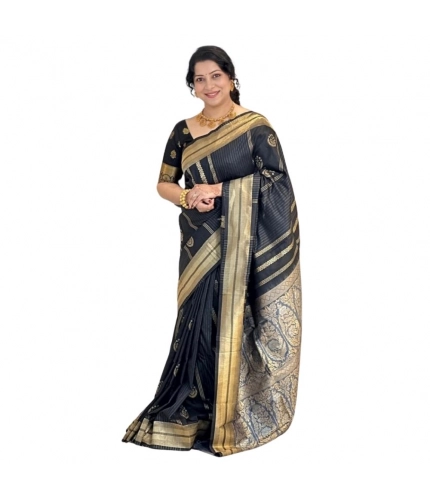 Women's Silk Printed Saree With Unstitched Blouse 5.5Mtr (Black)