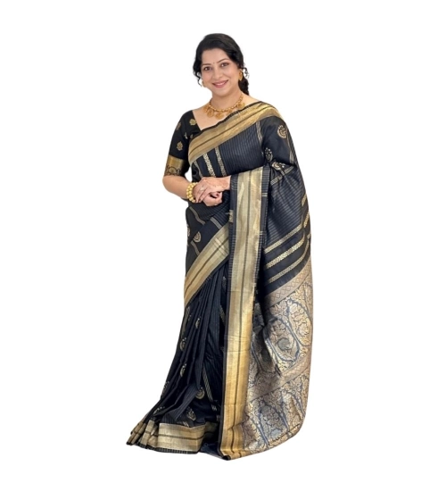 Women's Silk Printed Saree With Unstitched Blouse 5.5Mtr (Black)
