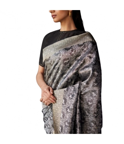 Women's Silk Printed Saree With Unstitched Blouse 5.5Mtr (Grey)