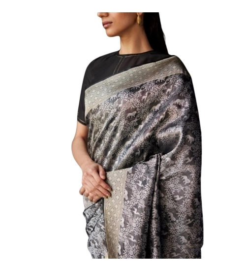 Women's Silk Printed Saree With Unstitched Blouse 5.5Mtr (Grey)