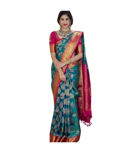 Women's Silk Printed Saree With Unstitched Blouse 5.5Mtr (Teal Blue)
