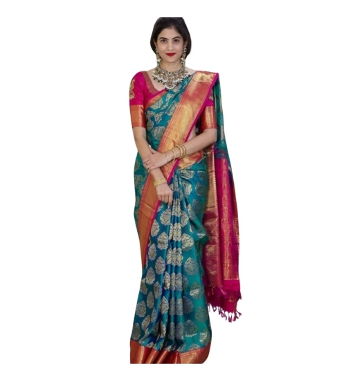 Women's Silk Printed Saree With Unstitched Blouse 5.5Mtr (Teal Blue)