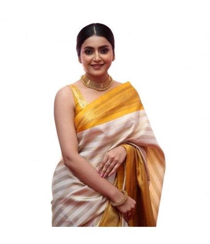 Women's Silk Printed Saree With Unstitched Blouse 5.5Mtr (Off White-Yellow)