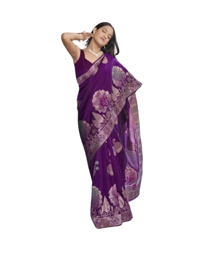 Women's Silk Printed Saree With Unstitched Blouse 5.5Mtr (Purple)