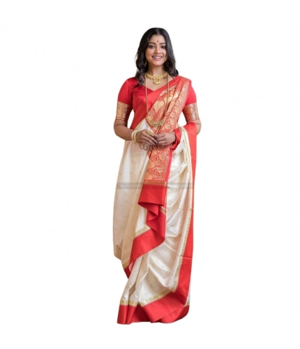 Women's Silk Printed Saree With Unstitched Blouse 5.5Mtr (White-Red)