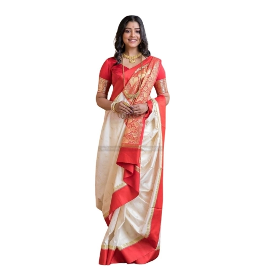 Women's Silk Printed Saree With Unstitched Blouse 5.5Mtr (White-Red)
