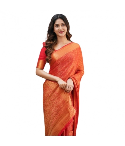 Women's Silk Printed Saree With Unstitched Blouse 5.5Mtr (Orange)