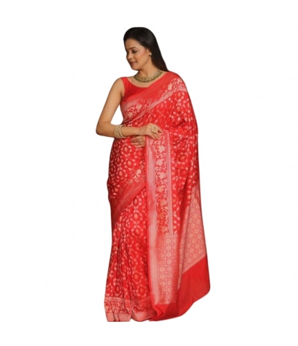 Women's Silk Printed Saree With Unstitched Blouse 5.5Mtr (Orange)