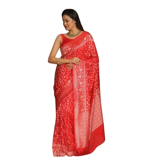 Women's Silk Printed Saree With Unstitched Blouse 5.5Mtr (Orange)