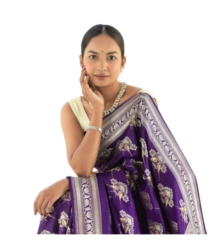 Women's Silk Printed Saree With Unstitched Blouse 5.5Mtr (Purple)