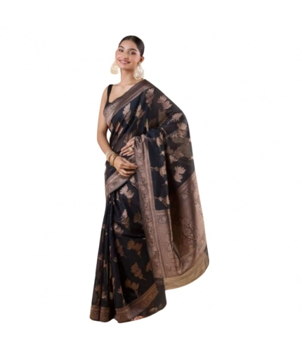 Women's Silk Printed Saree With Unstitched Blouse 5.5Mtr (Black)