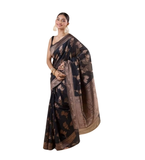 Women's Silk Printed Saree With Unstitched Blouse 5.5Mtr (Black)