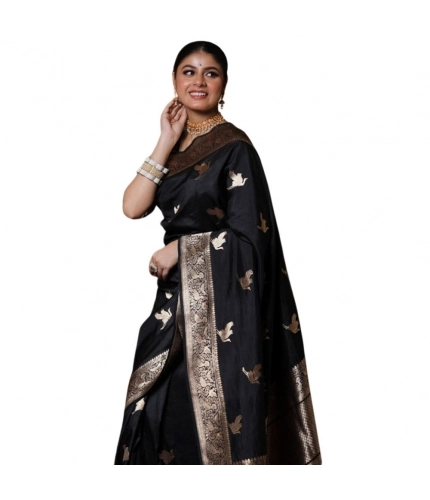 Women's Silk Printed Saree With Unstitched Blouse 5.5Mtr (Black)