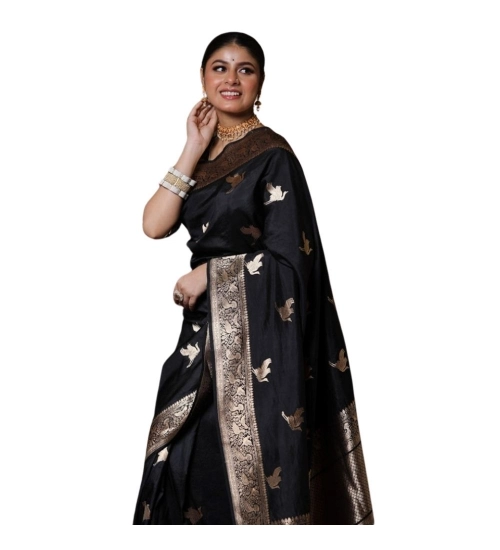 Women's Silk Printed Saree With Unstitched Blouse 5.5Mtr (Black)