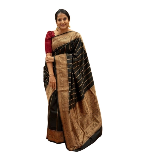Women's Silk Printed Saree With Unstitched Blouse 5.5Mtr (Black)
