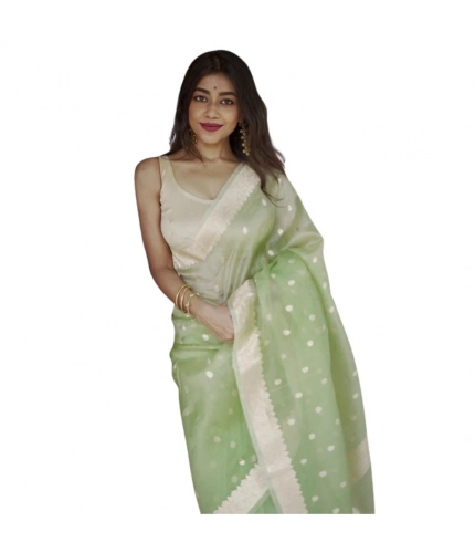Women's Cotton  Printed Saree With Unstitched Blouse 5.5Mtr (Pista)