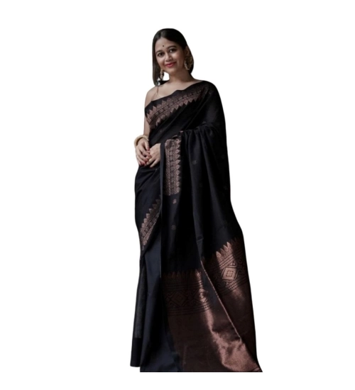 Women's Silk Printed Saree With Unstitched Blouse 5.5Mtr (Black)