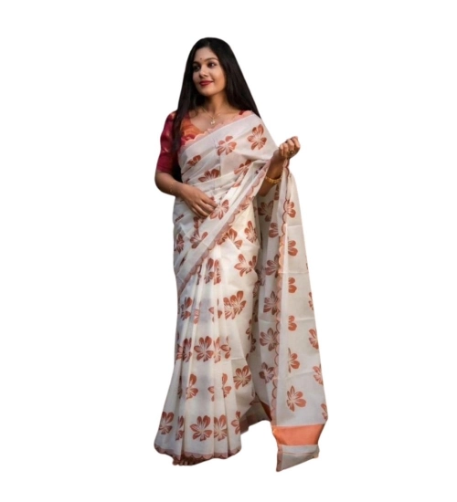 Women's Silk Printed Saree With Unstitched Blouse 5.5Mtr (White-Orange)