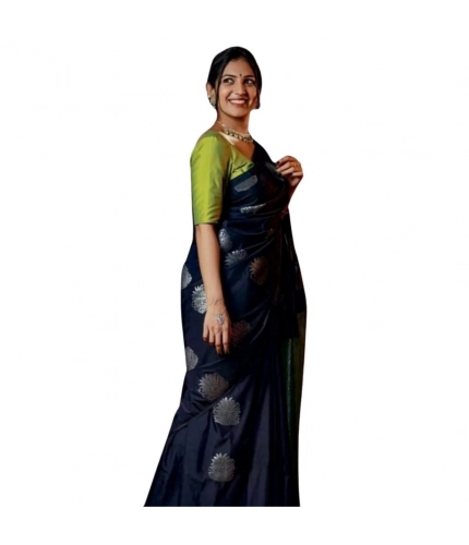Women's Silk Printed Saree With Unstitched Blouse 5.5Mtr (Navy Blue)