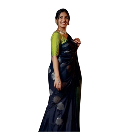Women's Silk Printed Saree With Unstitched Blouse 5.5Mtr (Navy Blue)