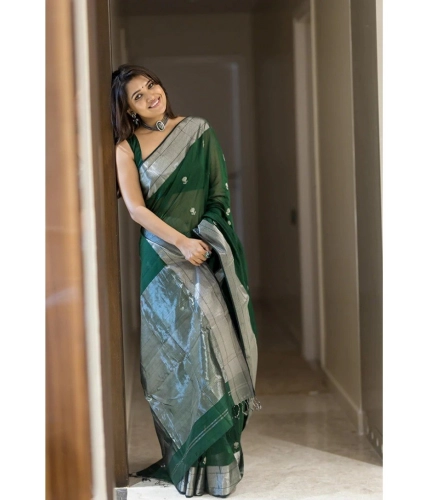 Women's Cotton  Printed Saree With Unstitched Blouse 5.5Mtr (Green)