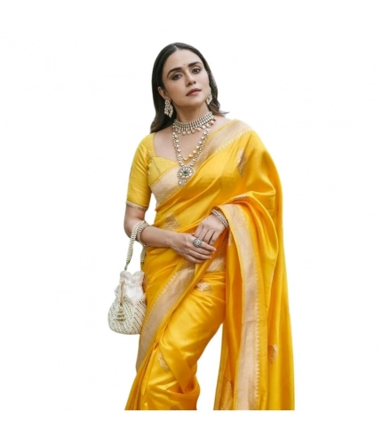 Women's Silk Printed Saree With Unstitched Blouse 5.5Mtr (Yellow)
