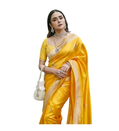 Women's Silk Printed Saree With Unstitched Blouse 5.5Mtr (Yellow)