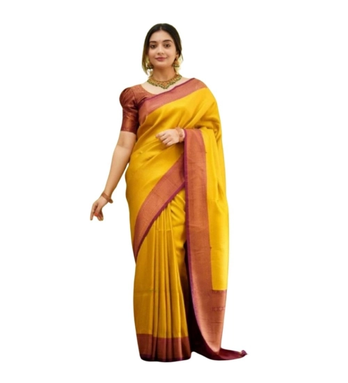 Women's Silk Printed Saree With Unstitched Blouse 5.5Mtr (Yellow)