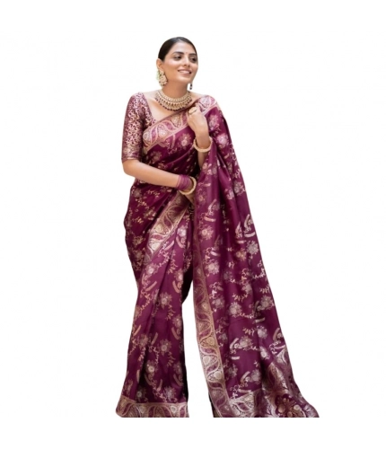Women's Silk Printed Saree With Unstitched Blouse 5.5Mtr (Wine)
